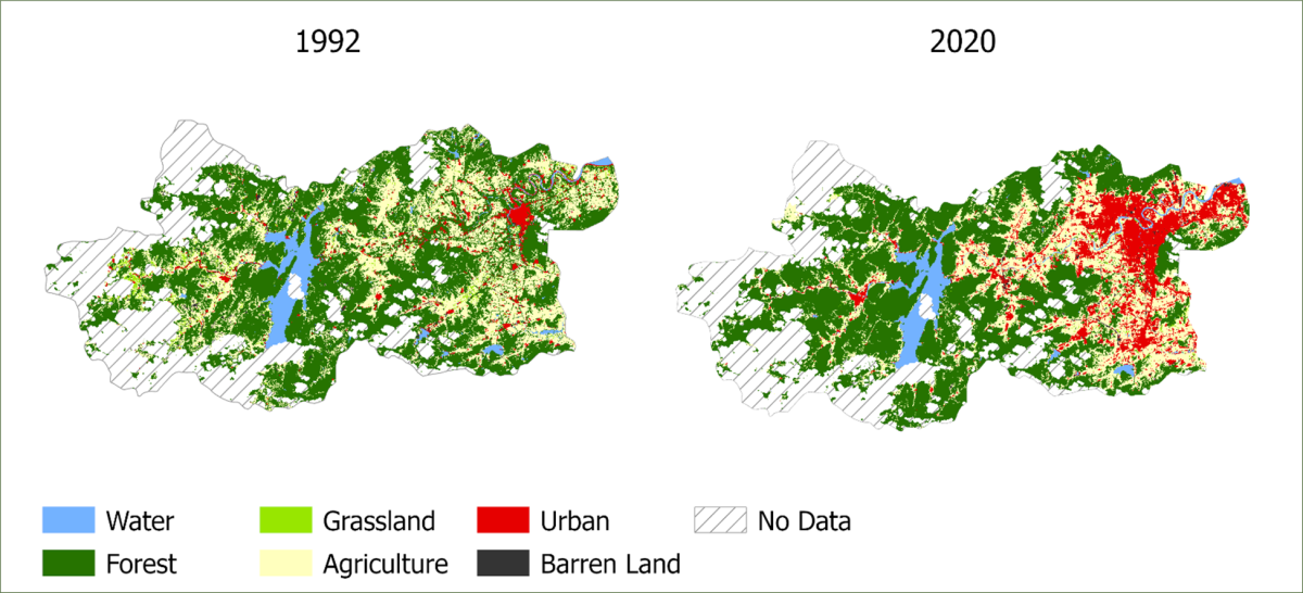 Fig. 3 Land use and land cover in Huangyan in the years 1992 and 2020 (maps by A. M. Haase, IOER)